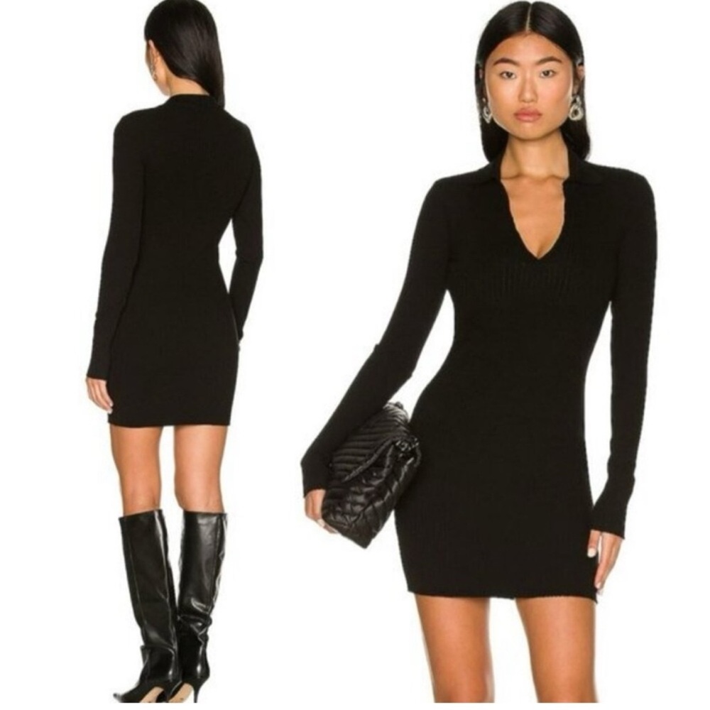 Cotton Citizen | Ibiza Long Sleeve Black Ribbed Polo Dress | Medium | New